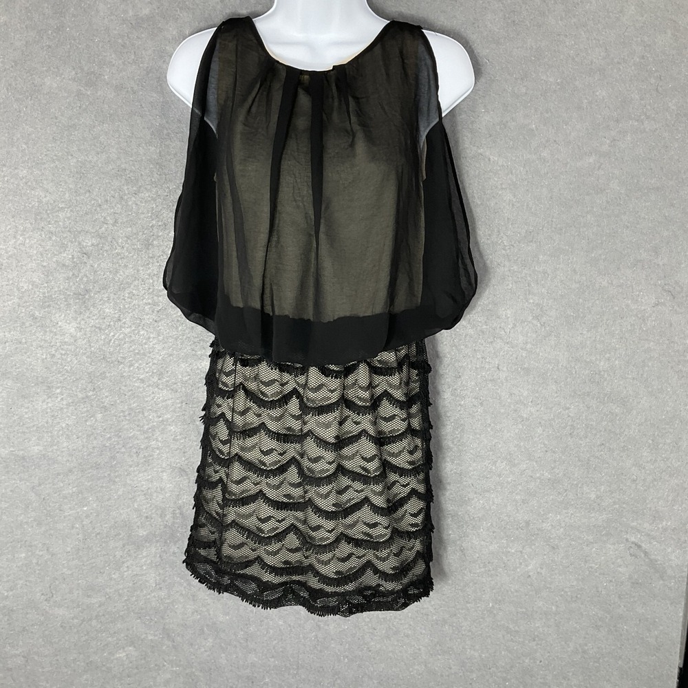 Umgee Blouson Dress Womens Sz M Black Sheer Chiffon Lace Sleeveless Keyhole Back